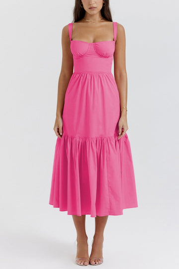 KATCH ME Fuchsia Lovely Thick Strap Pleated Pocket Slim Midi Dress Dress
